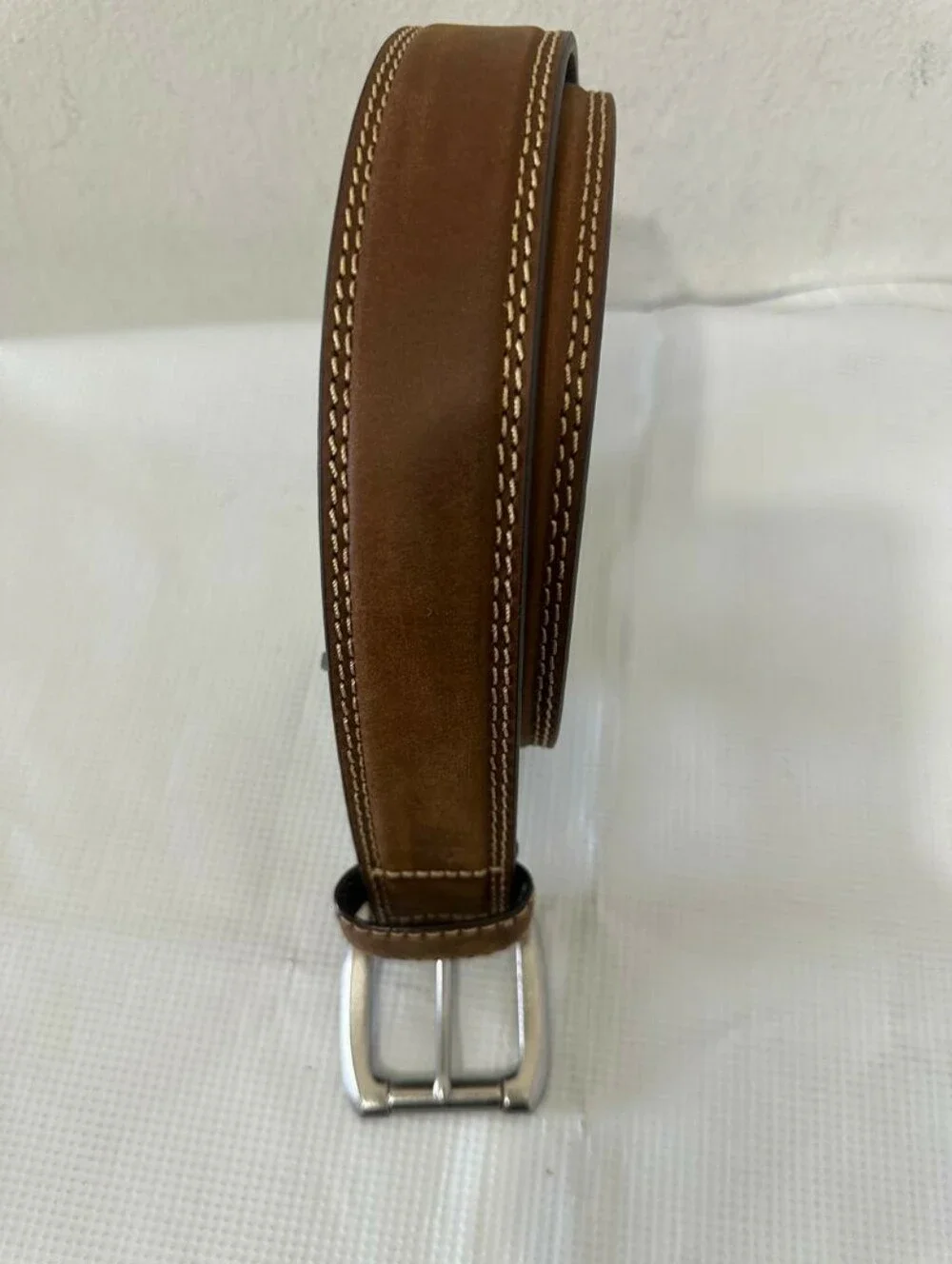 Elegant Men's Brown Suede Leather Belt Dual Contrast Stitch